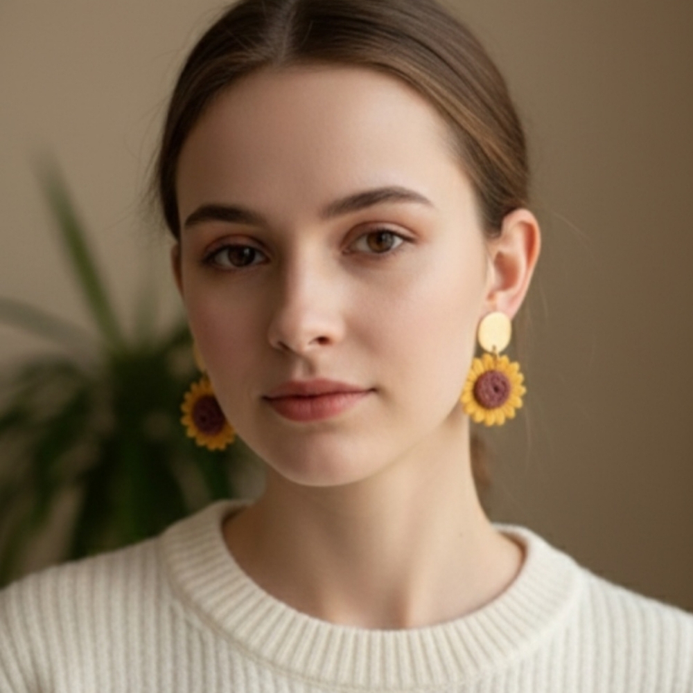 Handmade Sunflower Earrings crafted from cold porcelain and finished with epox